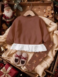 Baby Girls 2 Pcs Christmas Reindeer & Gingerbread Print Crew Neck Sweatshirt & Pants Set, Lace Trim, Christmas Outfit - Multicolor - View 2