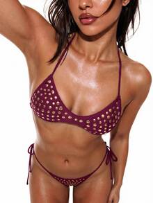 Oceva Women's Halter Neck Tie-Up Backless Rivet Bikini Sets Y2k Swimwear Polka Dot Bikini Studded Bikini - Rose Red - View 3