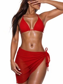 Oceva Women's Halter Neck Bikini Swimwear (3pcs Set) - Triangle Cup, Side Tie, Thong, Skirt - Red - View 4