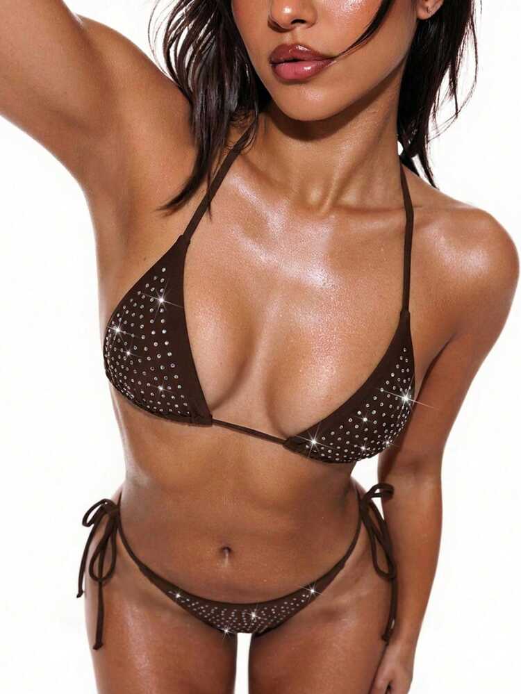 Oceva Chic Women's Brown Halter Neck Bikini With Tie Back Details And Dazzling Rhinestone Accents - Brown - View 6