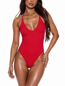 Oceva 2025 Women Solid Color Criss-Cross Back One-Piece Swimsuit - Red - View 2