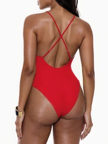 Oceva 2025 Women Solid Color Criss-Cross Back One-Piece Swimsuit - Red - View 3