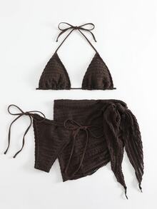 Oceva Women's Solid Color Halter Tie Sexy Bikini Swimwear Set With Cover Up Skirt, Summer Beach - Coffee Brown - View 5