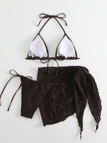 Oceva Women's Solid Color Halter Tie Sexy Bikini Swimwear Set With Cover Up Skirt, Summer Beach - Coffee Brown - View 3