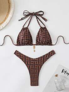 Oceva Women's Random Print Sexy Halter Bikini Set With Metal Decor, Beach Summer Outfits - Multicolor - View 4