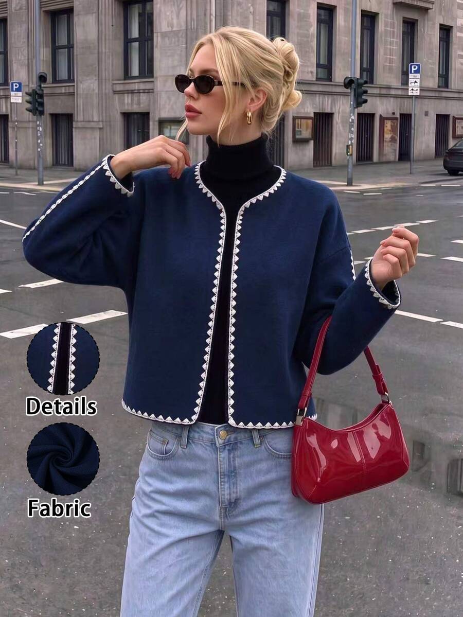 Struktiv 女款新款時尚白色對比色休閒夾克,秋冬新風,百搭 - 藏蓝色 - 查看 1