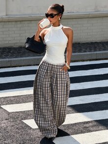 Muchica Women's Grey Plaid Vintage Preppy 70s Plaid Curved Leg Pants, Elegant Casual Fall Winter Trousers For Work Office, School, Travel And Everyday Wear - Navy Blue - View 3