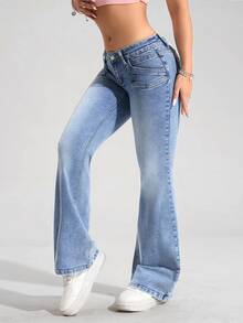 SHEIN Tall Streetwear Style Pocket Decor Low-Rise Flare Leg Jeans For Women, Tall Women - Medium Wash - View 4