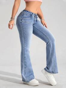 SHEIN Tall Streetwear Style Pocket Decor Low-Rise Flare Leg Jeans For Women, Tall Women - Medium Wash - View 5