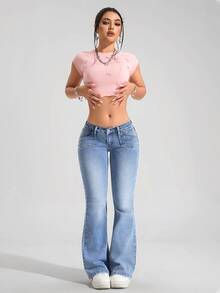 SHEIN Tall Streetwear Style Pocket Decor Low-Rise Flare Leg Jeans For Women, Tall Women - Medium Wash - View 7