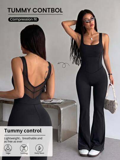 Dewbera Dewbera Women's Black Summer Athleisure Gym Bodysuit Pants,Tight-Fitting U-Neck Waist Mesh Splice,Flared Leg Tummy Control Yoga Running Jumpsuit