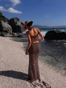 Opulessa Women's Solid Color Sequin Cutout Halter Neck Cover-Up Dress For Vacation - Brown - View 2