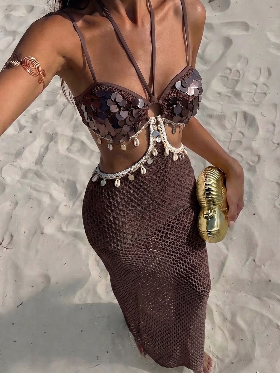 Opulessa Women's Solid Color Sequin Cutout Halter Neck Cover-Up Dress For Vacation - Brown - View 1