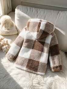 Elladie kids 女童 4-8 歲夾克，奶油棕色格紋柔軟絨毛連帽外套，適合秋季／戶外活動、學校 - 棕色 - 查看 3