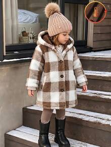 Elladie kids 女童 4-8 歲夾克，奶油棕色格紋柔軟絨毛連帽外套，適合秋季／戶外活動、學校 - 棕色 - 查看 1