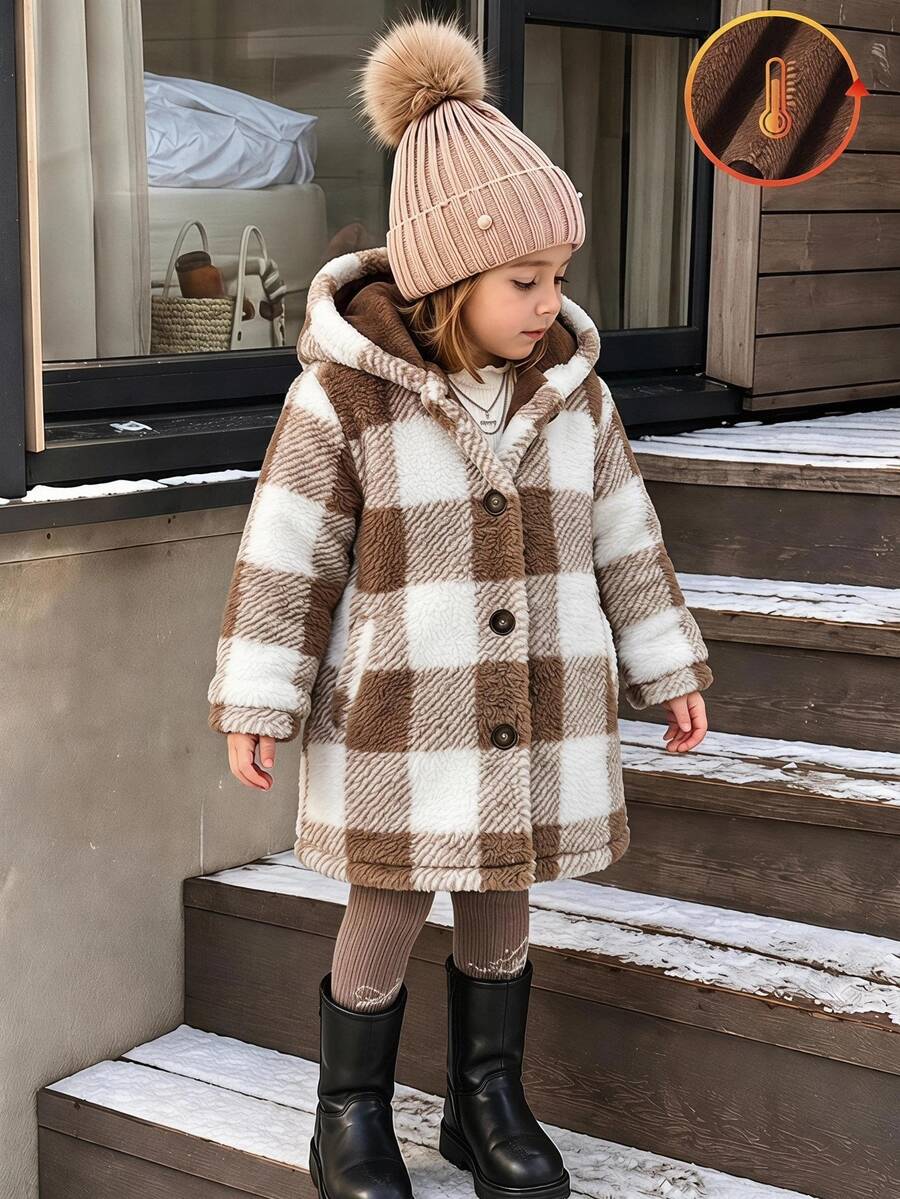 Elladie kids 女童 4-8 歲夾克,奶油棕色格紋柔軟絨毛連帽外套,適合秋季/戶外活動、學校 - 棕色 - 查看 1