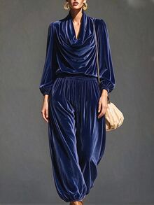 LUMIGAL Loose Cowl Neck Lantern Sleeve Top With Draped Elastic Waist Wide Leg Harem Pants, Relaxed Lazy Two Pieces Set - Black - View 4