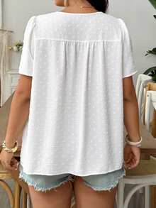 Linhara CURVE Plus Size Casual Boho Bohemian Solid Color Short Sleeve Shirt Vacation Date Night White Summer - White - View 2