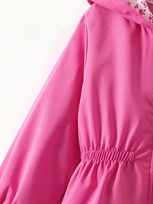 SHEIN 1件少女純色極簡收腰設計休閒花卉印花連帽外套，適合秋冬穿著，適用於學校、戶外活動、家庭聚會，提供保暖與舒適 - 玫紅色 - 查看 6