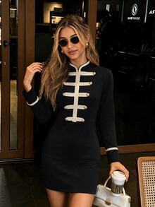 Balvessa Elegant Luxury Gold Button Long Sleeve Fitted Bodycon Dress, Suitable For Outdoor Business Banquet - Black - View 5