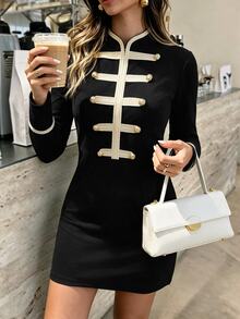 Balvessa Elegant Luxury Gold Button Long Sleeve Fitted Bodycon Dress, Suitable For Outdoor Business Banquet - Black - View 6