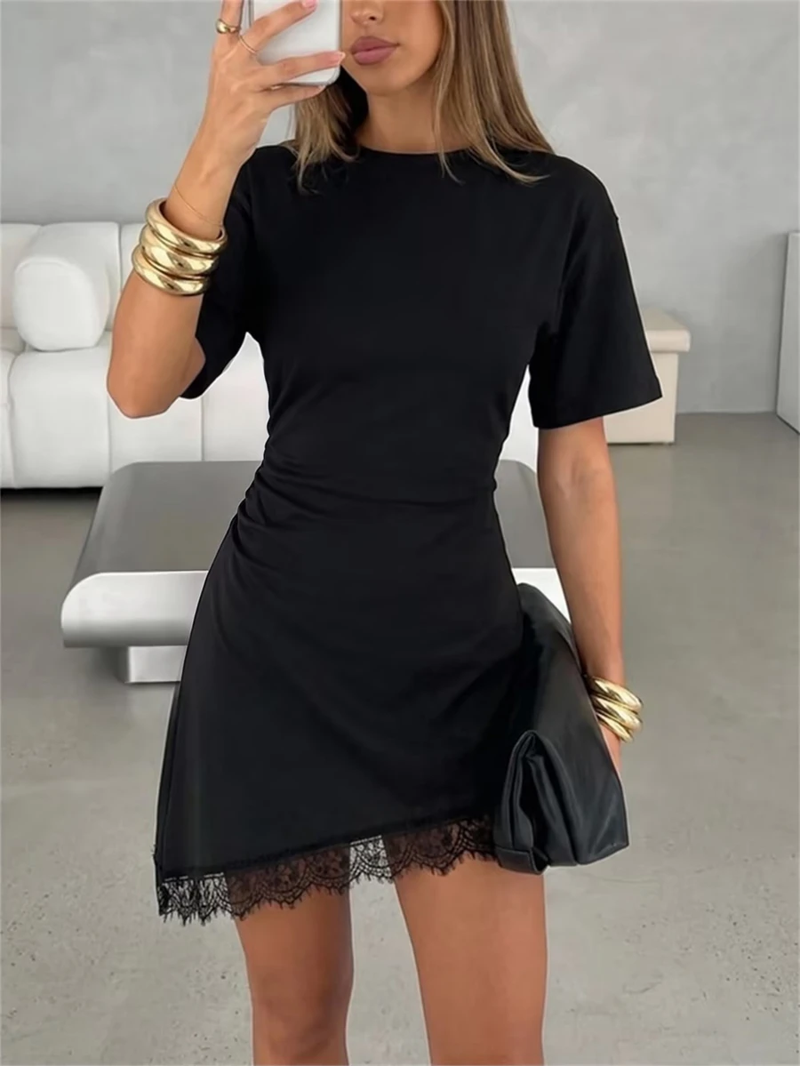 Aloruh Women's Elegant Round Neck Asymmetrical Hem Lace Patchwork Waist-Cinched Short Sleeve Mini Dress