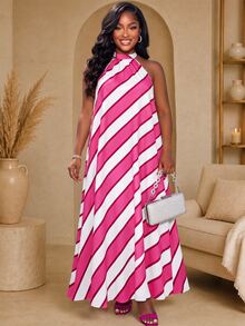 SHEIN LUNE Plus-Size Elegant Vacation Dress, Sleeveless And Loose Fit, Perfect For Summer Wear, Brunch White - Hot Pink - View 1