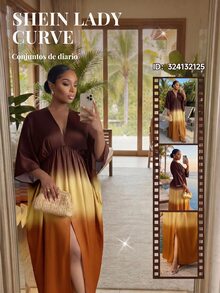 SHEIN Lady CURVE Plus Size Women's Colorblock Batwing Sleeve Split Hem Loose Dress Autumn Party Vacation Wedding Guest Fall Orange - Brown - View 4