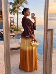 SHEIN Lady CURVE Plus Size Women's Colorblock Batwing Sleeve Split Hem Loose Dress Autumn Party Vacation Wedding Guest Fall Orange - Brown - View 2