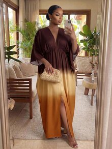 SHEIN Lady CURVE Plus Size Women's Colorblock Batwing Sleeve Split Hem Loose Dress Autumn Party Vacation Wedding Guest Fall Orange - Brown - View 1