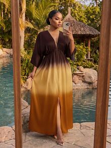 SHEIN Lady CURVE Plus Size Women's Colorblock Batwing Sleeve Split Hem Loose Dress Autumn Party Vacation Wedding Guest Fall Orange - Brown - View 3