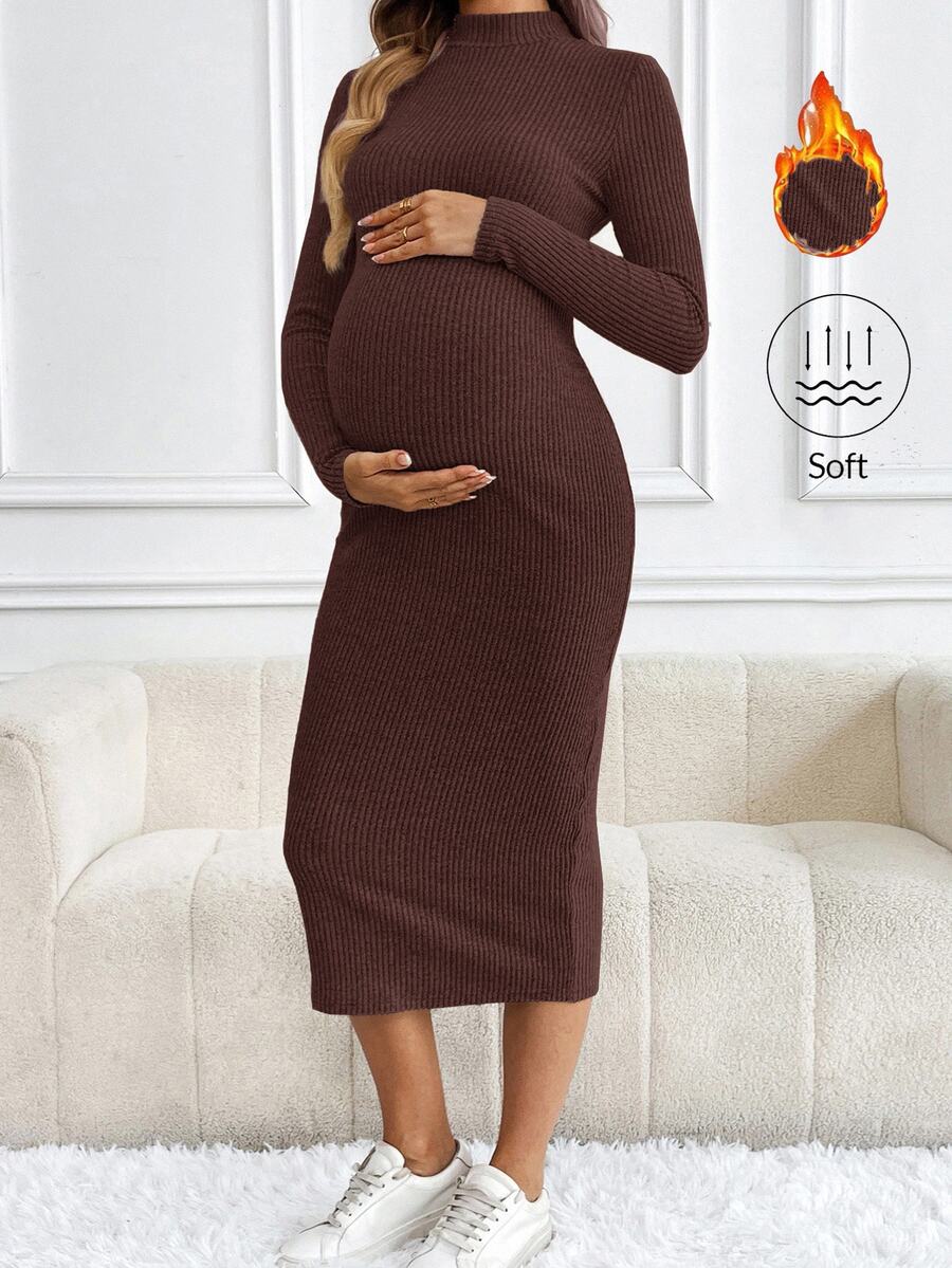 SHEIN 女款純色極簡高領長袖休閒洋裝 棕色 孕婦大肚友善 哺乳友善 羅紋 秋季 - 棕色 - 查看 1