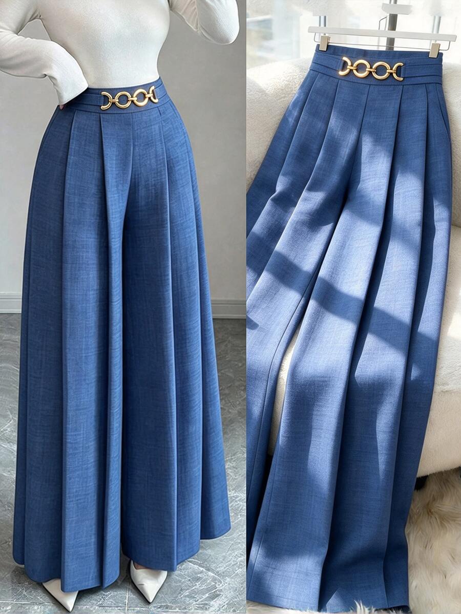 Elenzga New Women High Waist Side Zipper Decor Button Design Flared Leg Casual Elegant Trousers, Suitable For Spring And Autumn - Blue - View 1