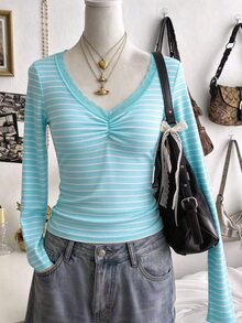 SHEIN Sweetra Young 1pc Girls Big Tween Girl Ribbed Ribbed Fabric Long Sleeve Casual INS Comfortable Loose Versatile Polo Ribbed T-Shirt Spring Autumn, Fall Tops - Green - View 1