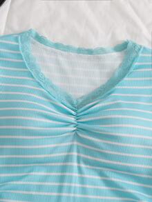 SHEIN Sweetra Young 1pc Girls Big Tween Girl Ribbed Ribbed Fabric Long Sleeve Casual INS Comfortable Loose Versatile Polo Ribbed T-Shirt Spring Autumn, Fall Tops - Green - View 5