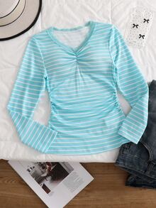 SHEIN Sweetra Young 1pc Girls Big Tween Girl Ribbed Ribbed Fabric Long Sleeve Casual INS Comfortable Loose Versatile Polo Ribbed T-Shirt Spring Autumn, Fall Tops - Green - View 7