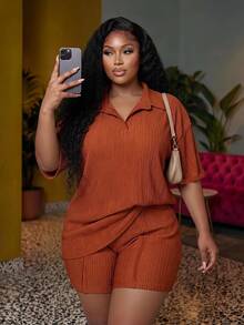 Veslaya New Spring/Summer Plus Size Women's 2-Piece Set: Loose Fit Lapel T-Shirt Paired With Slim Fit Shorts, Made Of Elastic Knit Fabric. Suitable For Casual, Daily, Beach And Sports Occasions. Brown. - Rust Brown - View 1