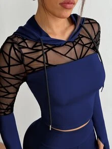 Slayform Slayform Mesh Patchwork Sheer Hooded Neck Long Sleeve Top And High Waist Skinny Pants Sports Suit - Navy Blue - View 4