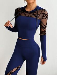 Slayform Slayform Mesh Patchwork Sheer Hooded Neck Long Sleeve Top And High Waist Skinny Pants Sports Suit - Navy Blue - View 8