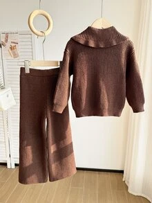 SHEIN Girls' 2pcs Set Brown Knitted Sweater With Heart Embroidery Pattern Round Neck Button-Up + Straight Leg Knit Pants, Cute Casual Versatile, Suitable For School, Travel, Vacation, Autumn/Winter, Warm And Comfortable, Suitable For Daily Wear, Elegant Style - Coffee Brown - View 2