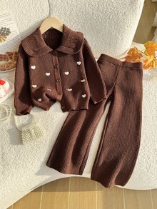 SHEIN Girls' 2pcs Set Brown Knitted Sweater With Heart Embroidery Pattern Round Neck Button-Up + Straight Leg Knit Pants, Cute Casual Versatile, Suitable For School, Travel, Vacation, Autumn/Winter, Warm And Comfortable, Suitable For Daily Wear, Elegant Style - Coffee Brown - View 4