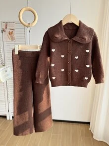 SHEIN Girls' 2pcs Set Brown Knitted Sweater With Heart Embroidery Pattern Round Neck Button-Up + Straight Leg Knit Pants, Cute Casual Versatile, Suitable For School, Travel, Vacation, Autumn/Winter, Warm And Comfortable, Suitable For Daily Wear, Elegant Style - Coffee Brown - View 3