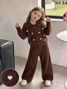 SHEIN Girls' 2pcs Set Brown Knitted Sweater With Heart Embroidery Pattern Round Neck Button-Up + Straight Leg Knit Pants, Cute Casual Versatile, Suitable For School, Travel, Vacation, Autumn/Winter, Warm And Comfortable, Suitable For Daily Wear, Elegant Style - Coffee Brown - View 1