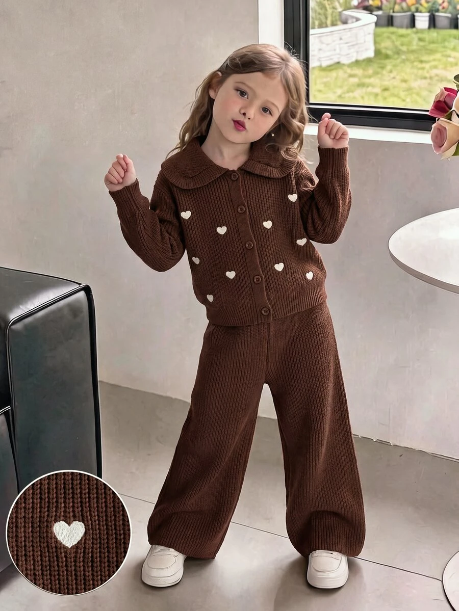 SHEIN Girls' 2pcs Set Brown Knitted Sweater With Heart Embroidery Pattern Round Neck Button-Up + Straight Leg Knit Pants, Cute Casual Versatile, Suitable For School, Travel, Vacation, Autumn/Winter, Warm And Comfortable, Suitable For Daily Wear, Elegant Style - Coffee Brown - View 1