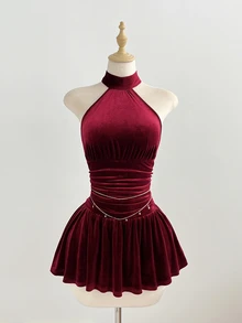 Elamini Burgundy Velvet Halter Neck Ruched Waist Dress - Burgundy - View 3