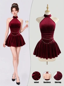Elamini Burgundy Velvet Halter Neck Ruched Waist Dress - Burgundy - View 1