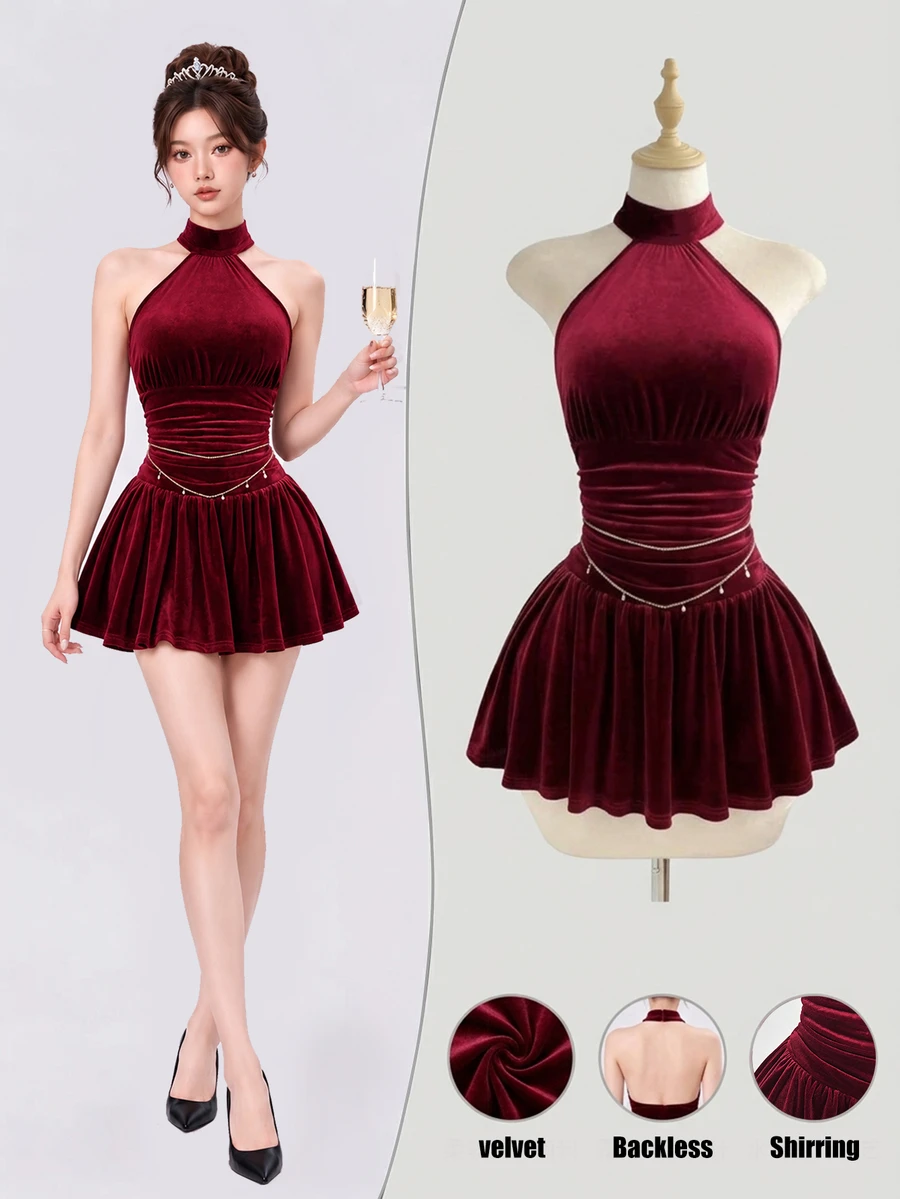 Elamini Burgundy Velvet Halter Neck Ruched Waist Dress - Burgundy - View 1