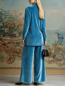 LUMIGAL Women's Comfortable Velvet Top And Pants 2 Pieces Set - Cadet Blue - View 3