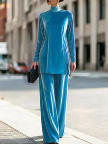 LUMIGAL Women's Comfortable Velvet Top And Pants 2 Pieces Set - Cadet Blue - View 5