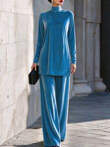 LUMIGAL Women's Comfortable Velvet Top And Pants 2 Pieces Set - Cadet Blue - View 4